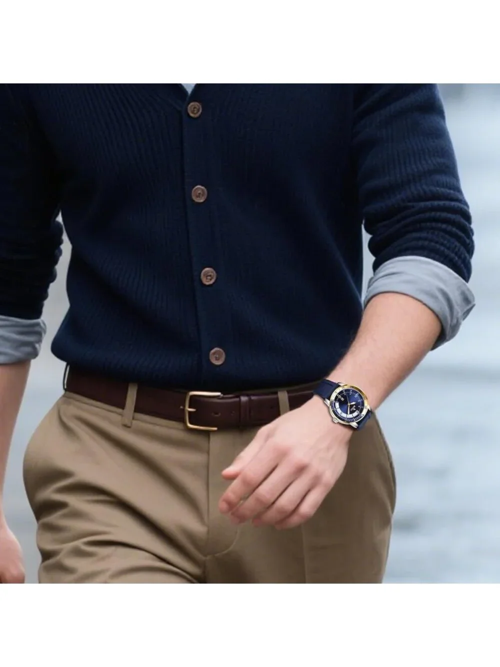 Men's Blue Gold Analog Quartz Silicone Waterproof Geometric Design Classic Watch